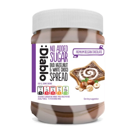 Diablo No Added Sugar Duo Hazelnut & White Choco Spread (fehér csokoládés mogyorókrém hozzáadott cukor nélkül) 350 g