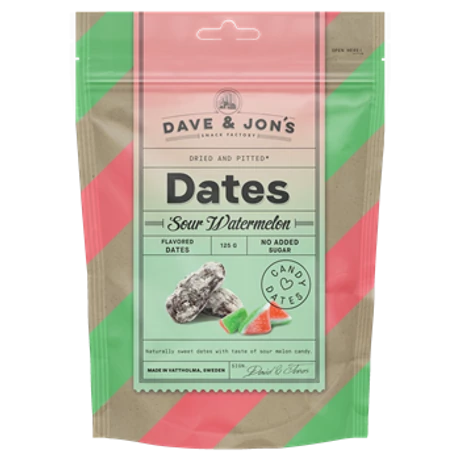 Dave & Jon`s dates sour watermelon mag nélküli ízesített datolya görögdinnye ízben, hozzáadott cukor nélkül 125 g