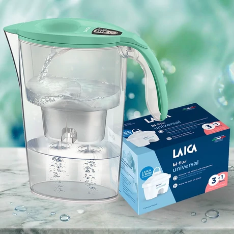 LAICA Stream Line "Tiffany" türkiz vízsz. kancsó dig. kijelzővel 1 db bi-flux SLIM univerzál szűrőb.