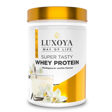 Luxoya Whey Protein Madagaszkári vanília ízű fehérje italpor 450g - dobozos