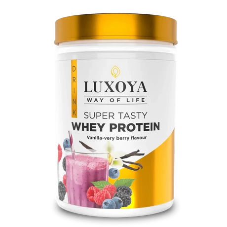 Luxoya Whey Protein Vanília-erdei gyümölcs ízű fehérje italpor 450g - dobozos