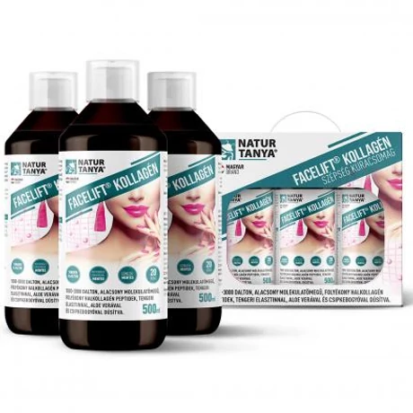 Natur Tanya® Facelift® kollagén 60 napos szépség kúracsomag - halkollagén peptidek, tengeri elasztin, csipkebogyó és Aloe folyékony ital koncentrátum 3 X 500ml